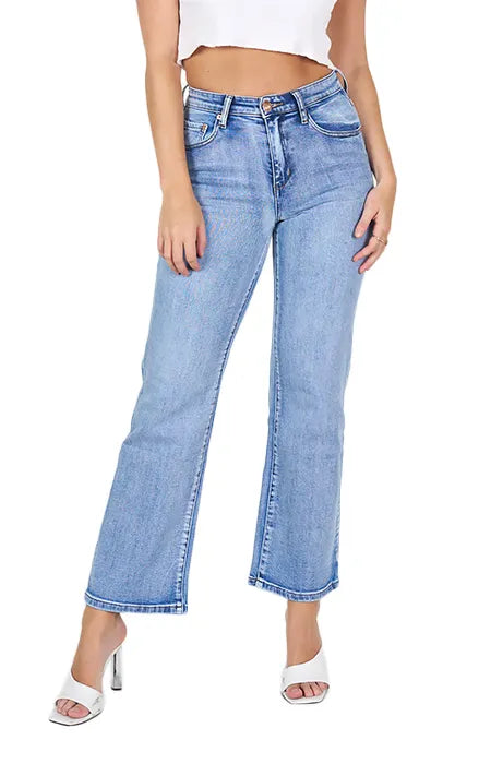 Wakee Washed Blue Wide Leg Jeans With Rose Gold Button 3081