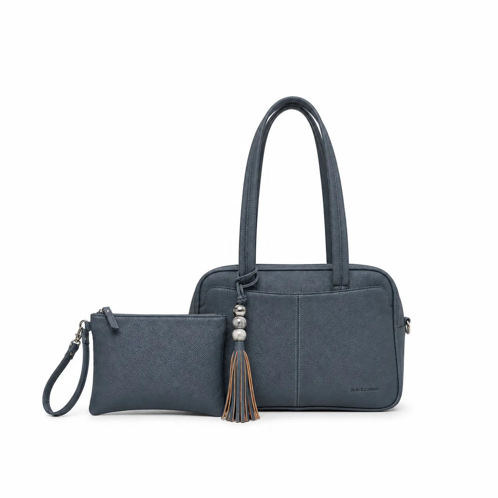Black Caviar Designs Australia ANGELIQUE GUNMETAL BLUE 2 PIECE BOWLER HANDBAG