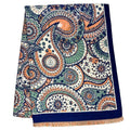 Paisley print pashmina shawl in navy, sage green, burnt orange and cream with gold fringe trim