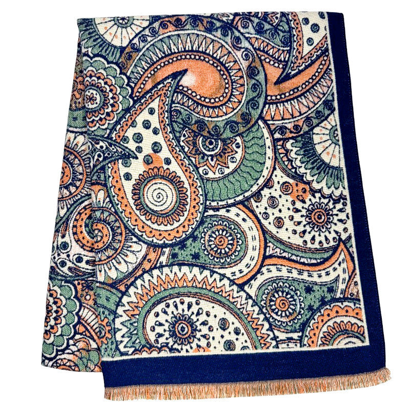 Paisley print pashmina shawl in navy, sage green, burnt orange and cream with gold fringe trim